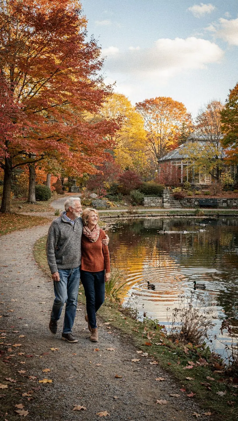 Уютная зона отдыха в саду с скамейками и цветущими кустами вокруг.