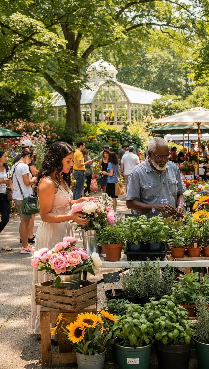 Групповая экскурсия по саду, где гид рассказывает о редких растениях и их особенностях, окружающих гостей.