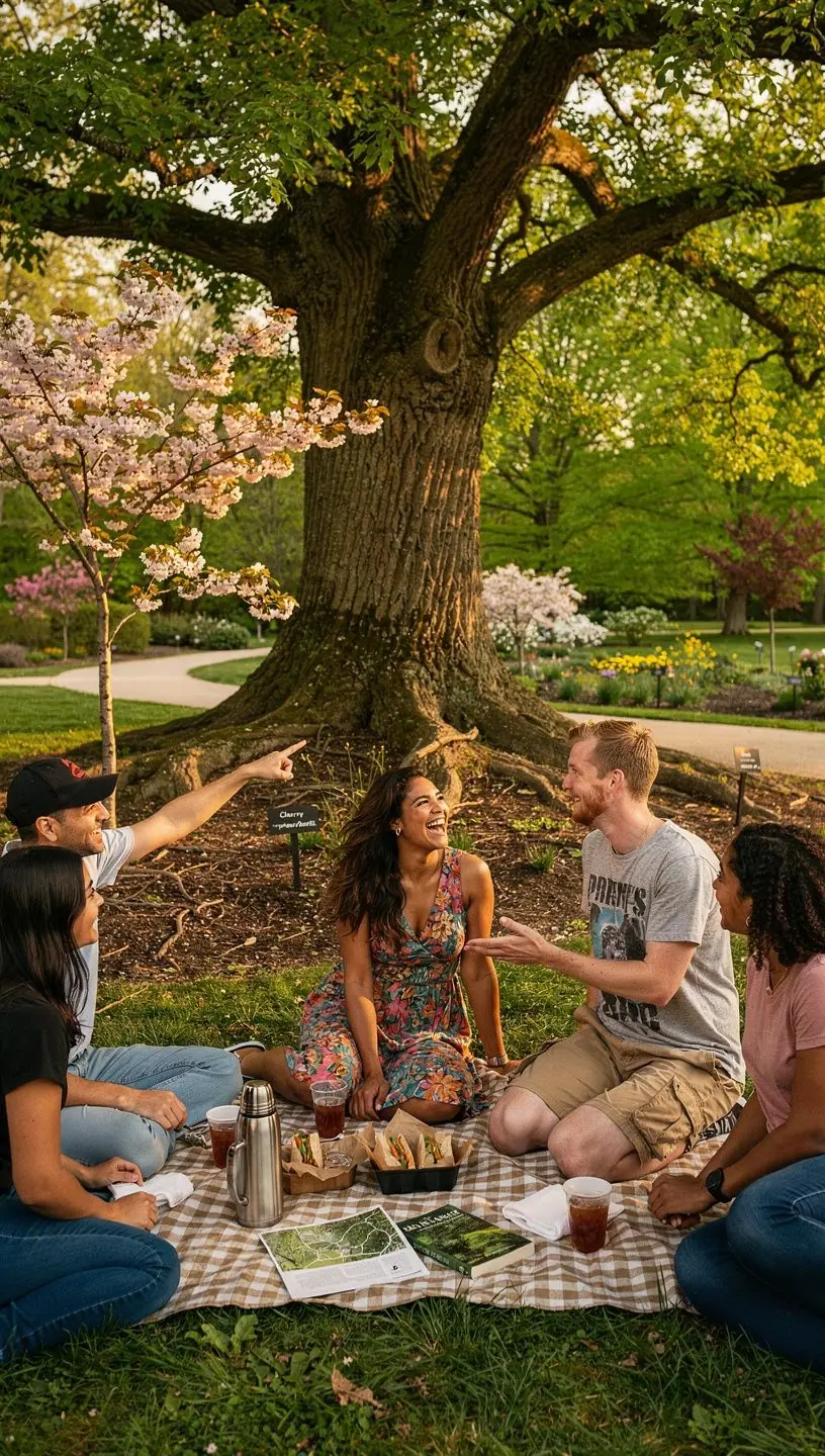 Посетители наслаждаются экскурсиями по живописным аллеям сада, окруженным экзотическими цветами.