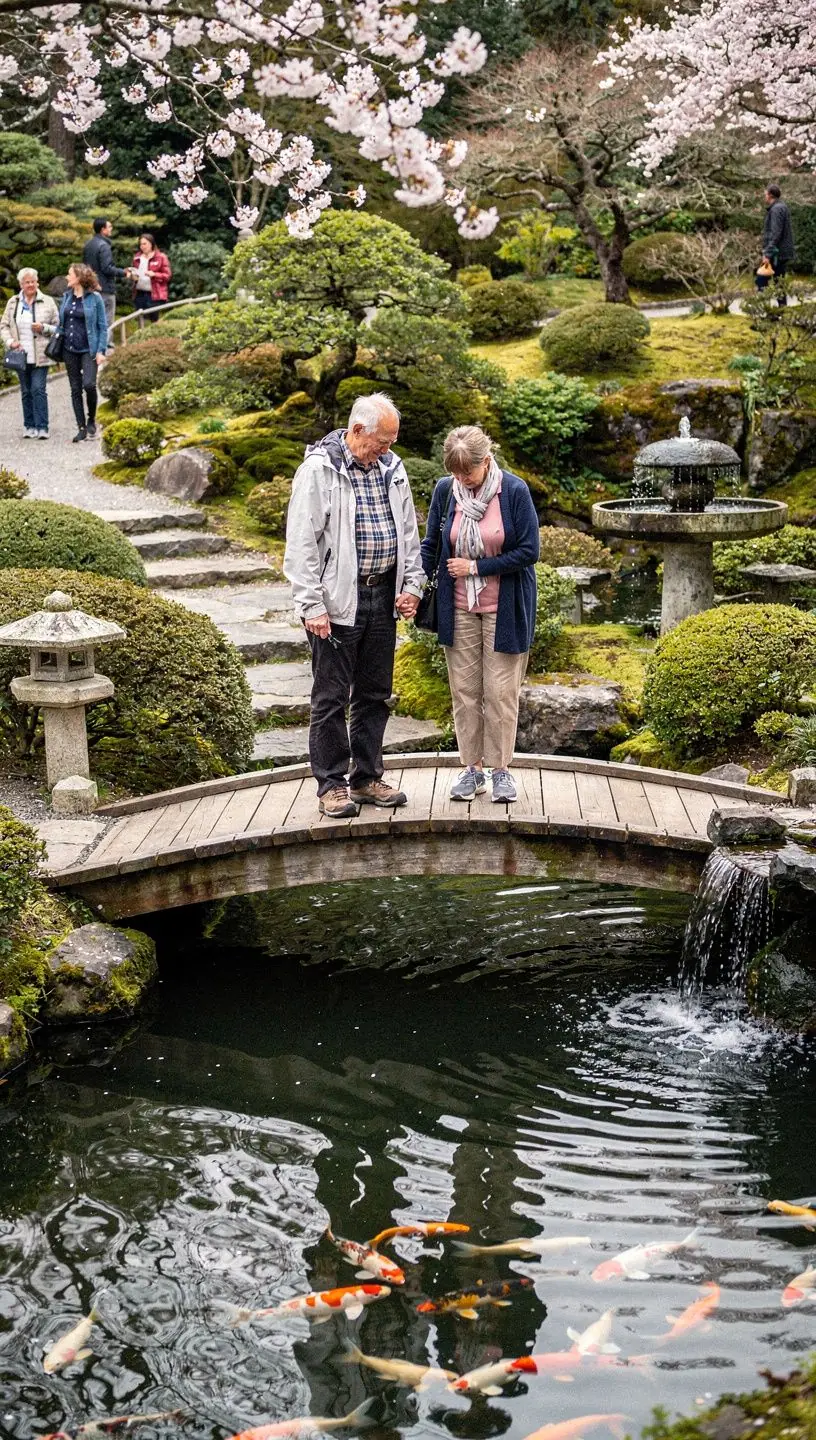 Посетитель наслаждается прогулкой по ботаническому саду, окруженному цветущими кустарниками.