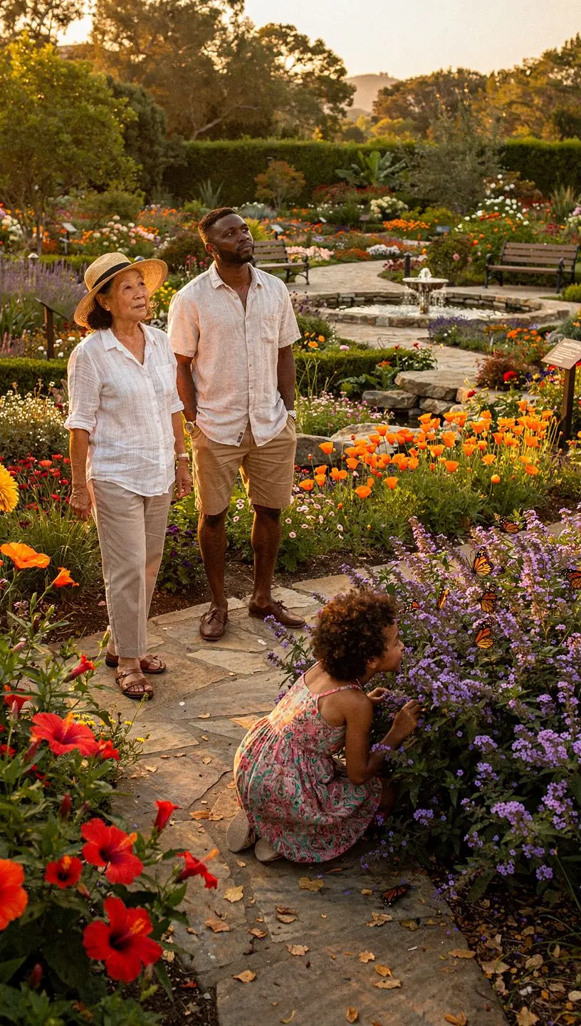 Солнечный ботанический сад с разнообразными цветущими растениями и зелеными насаждениями.