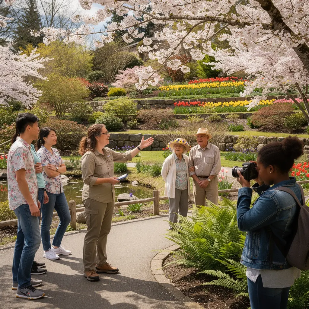 Сад с разнообразными цветами и зелеными растениями на фоне ясного неба.