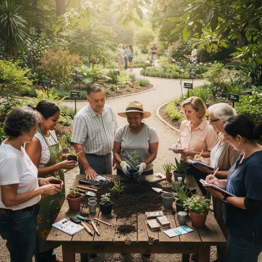 Группа людей на экскурсии по живописным дорожкам ботанического сада.